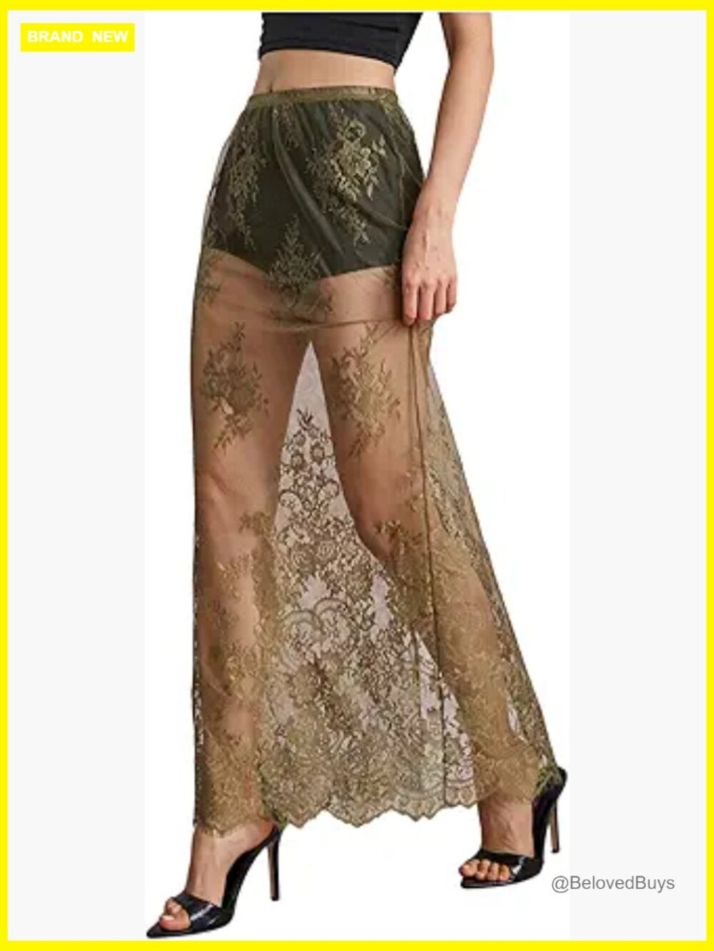 Lace Sheer Split Maxi Skirt Floral A Line Elastic Waist No Pants